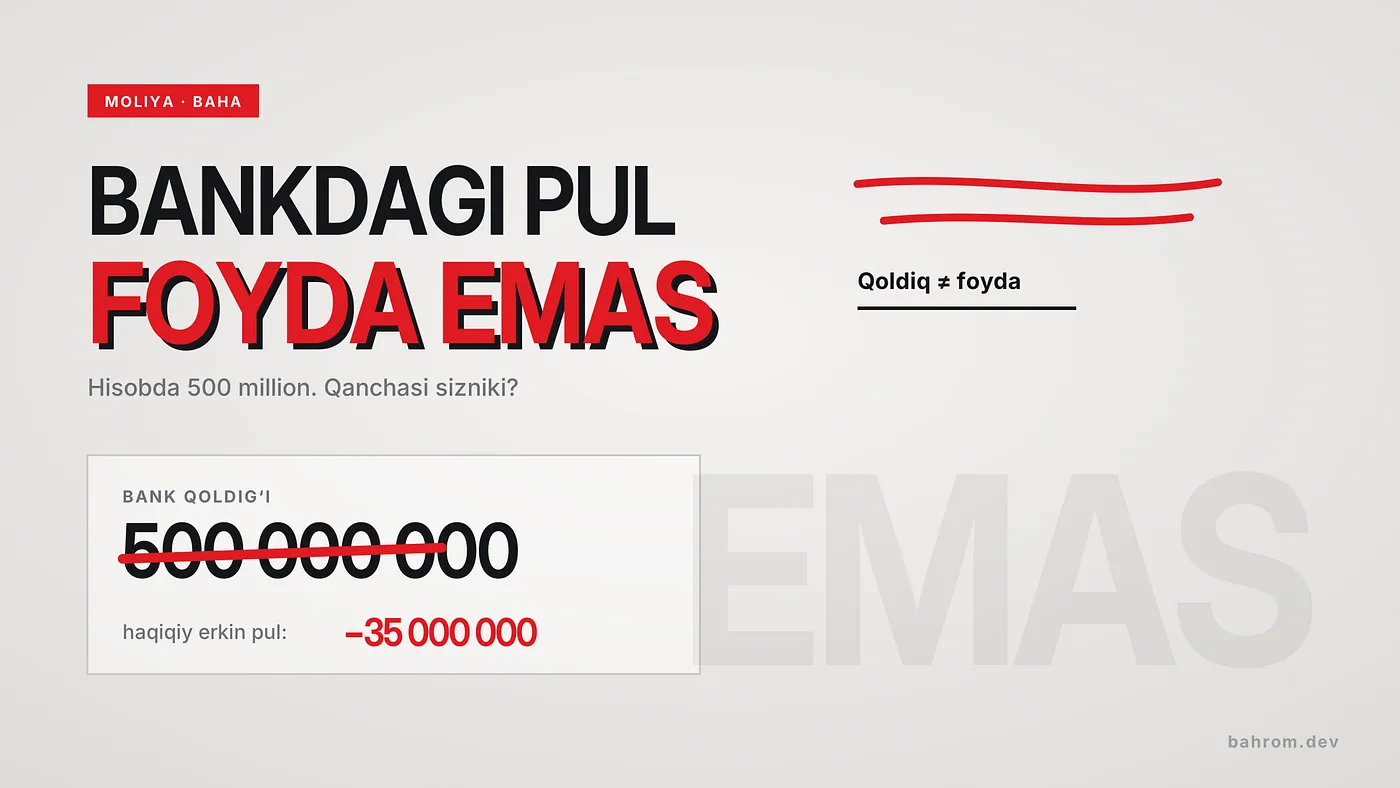 Slayd: bankdagi pul foyda emas — 500 million qoldiqning haqiqiy erkin qismi minus 35 million.