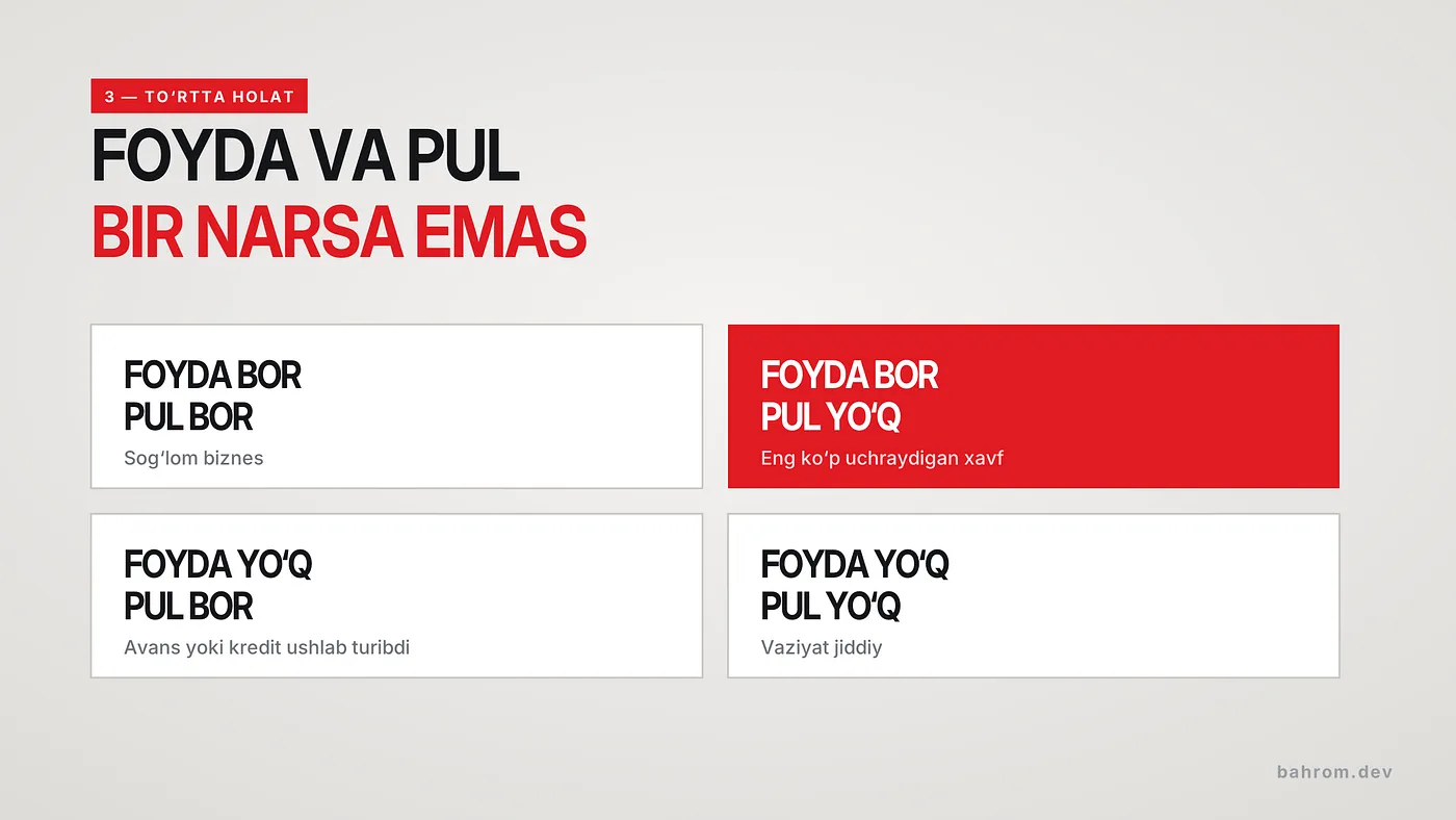 Slayd: foyda va pul bir narsa emas — toʻrt holat: foyda bor/yoʻq, pul bor/yoʻq.